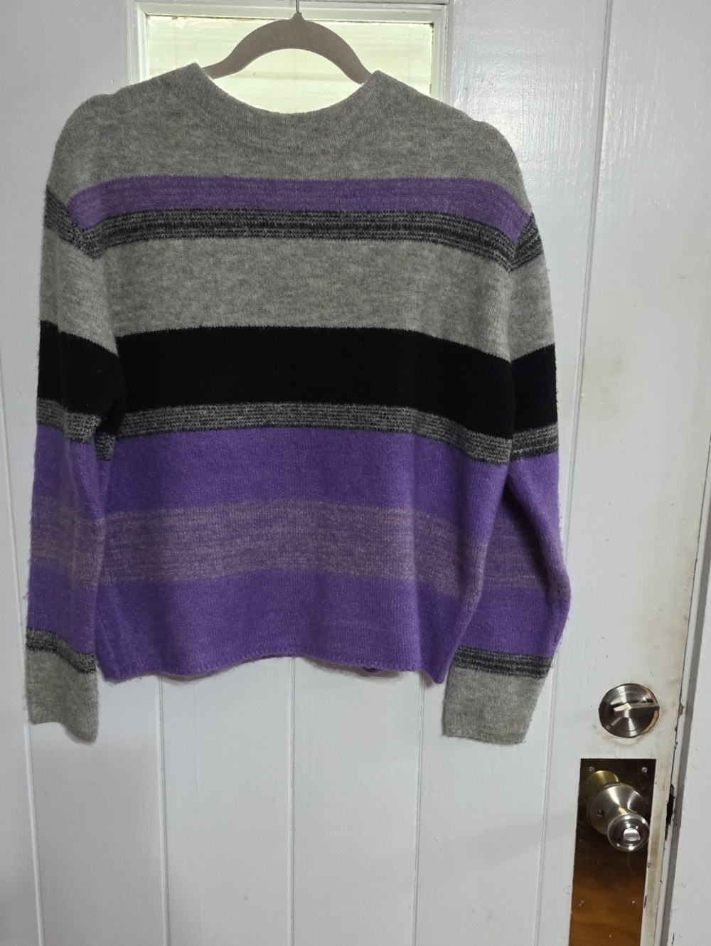 Rain + Rose Women's Sweater Gray/Purple Striped Fuzzy Mock Neck Cozy Sz S EUC